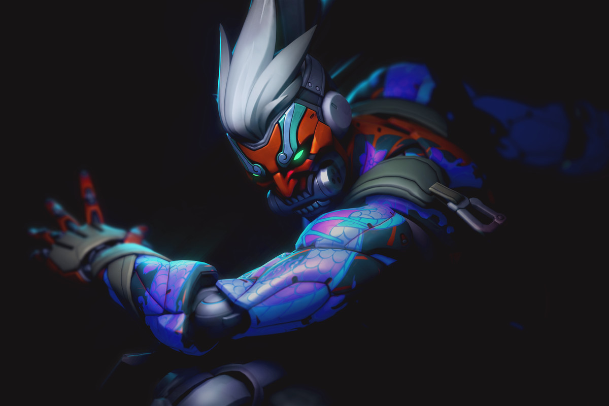 Art of the mythic Genji Skin, Cyber Demon, which offers multi-cored armor, white hair, and a frightening demon mask