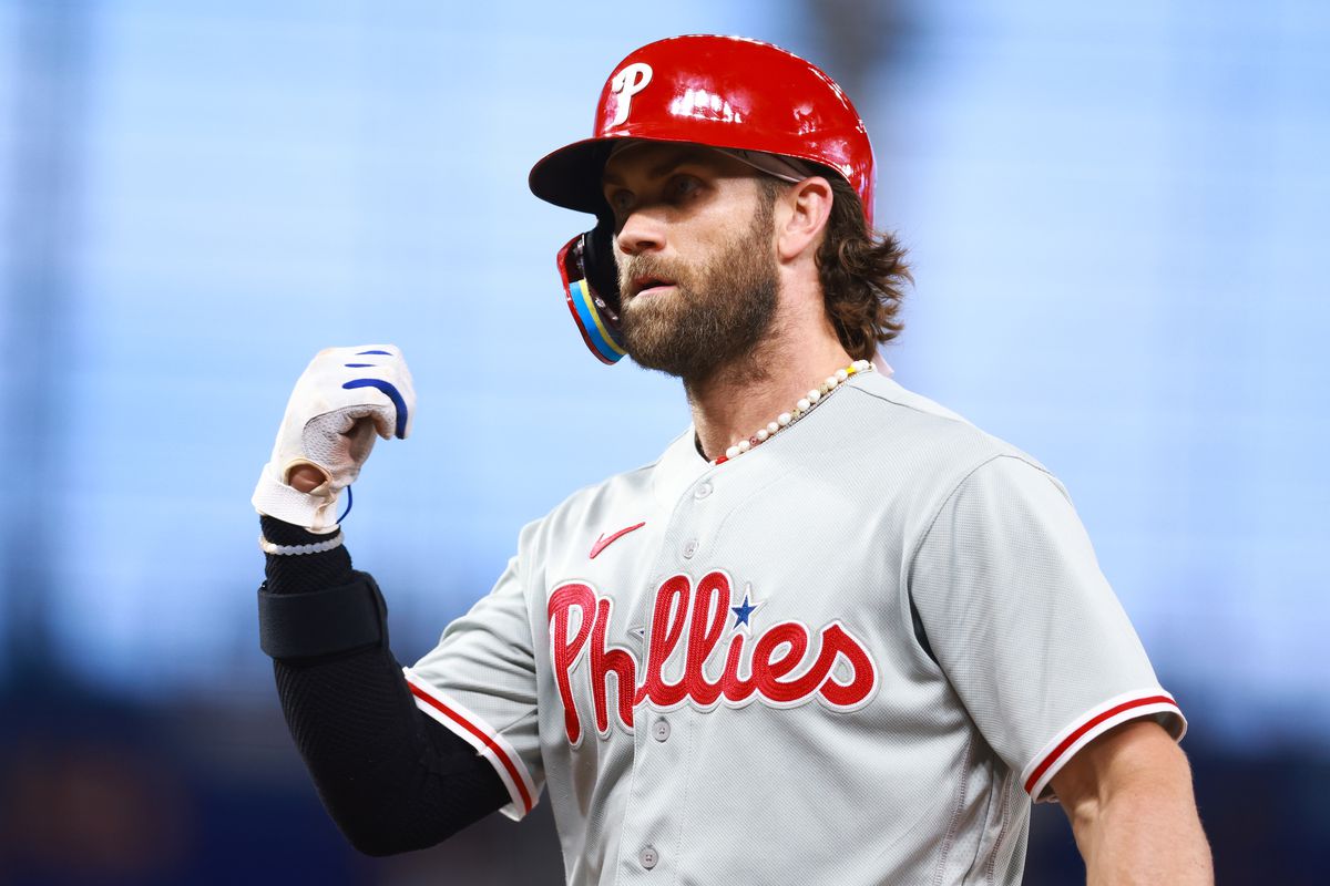 Bryce Harper of the Philadelphia Phillies looks on against the Miami Marlins during the fourth inning of the game at loanDepot park on August 01, 2023 in Miami, Florida.