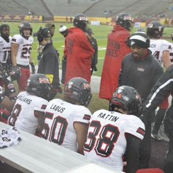 NIU players receive coaching after a defensive stop.