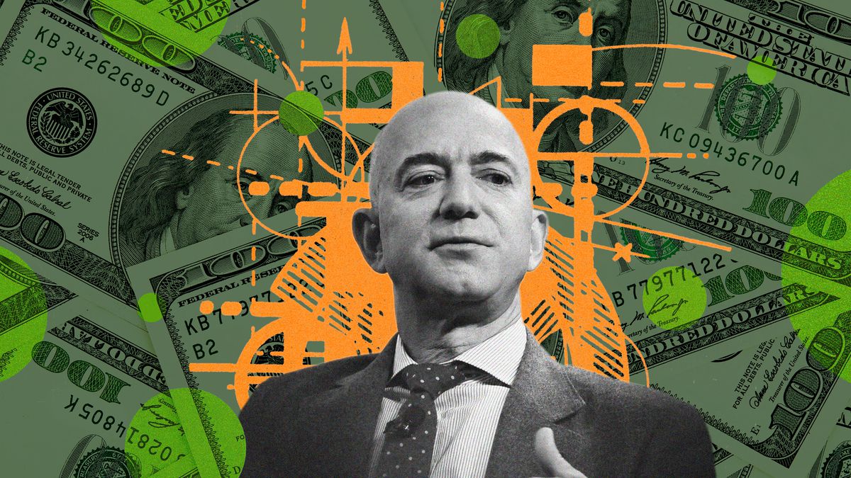 A graphic of Jeff Bezos, in black-and-white, in front of a collage of $100 dollar bills. 