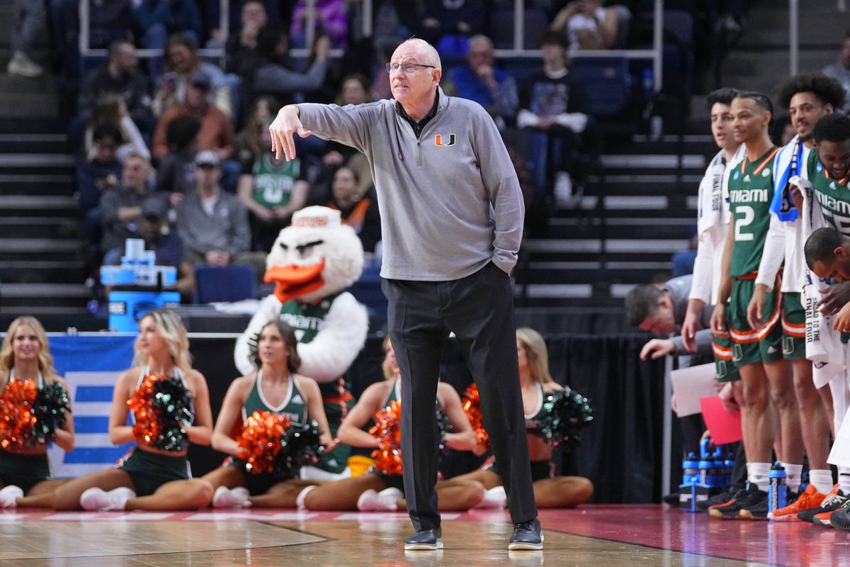 Mar 19, 2023; Albany, NY, USA; Miami (Fl) Hurricanes head coach Jim Larranaga instructs his team against the Indiana Hoosiers during the first half at MVP Arena. Mandatory Credit: Gregory Fisher