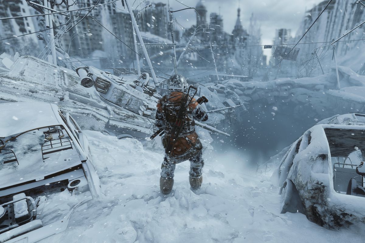A soldier stands in a snow-covered city in a screenshot from Metro Exodus.