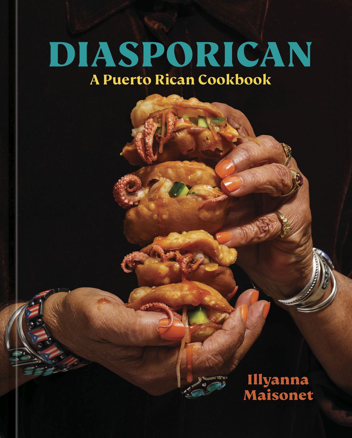 The cover of Diasporican featuring a woman’s hands holding a stack of food