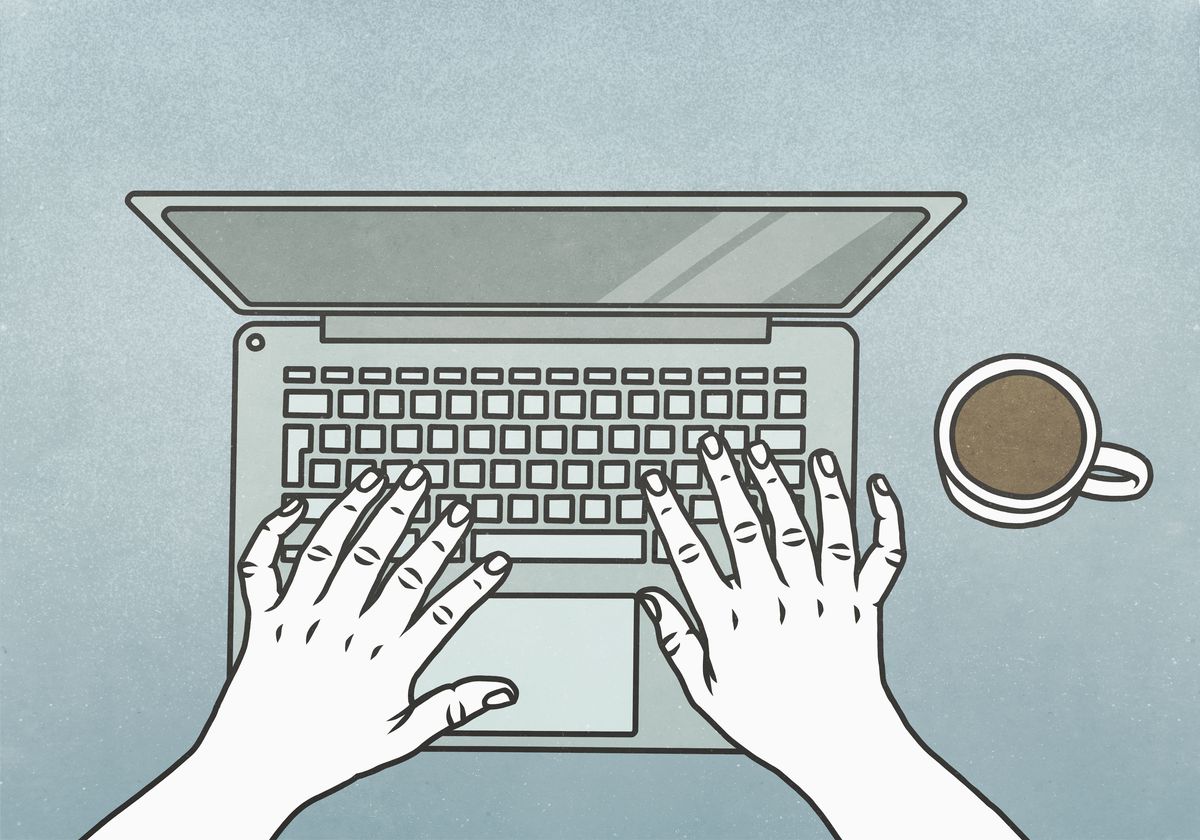 A drawing of hands with 12 fingers using a laptop.