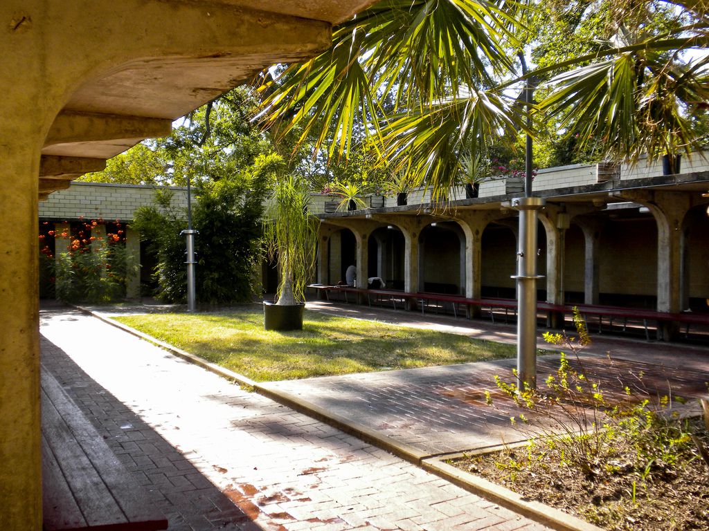 bathhouse courtyard with grass, palms, surrounded by columned walkways