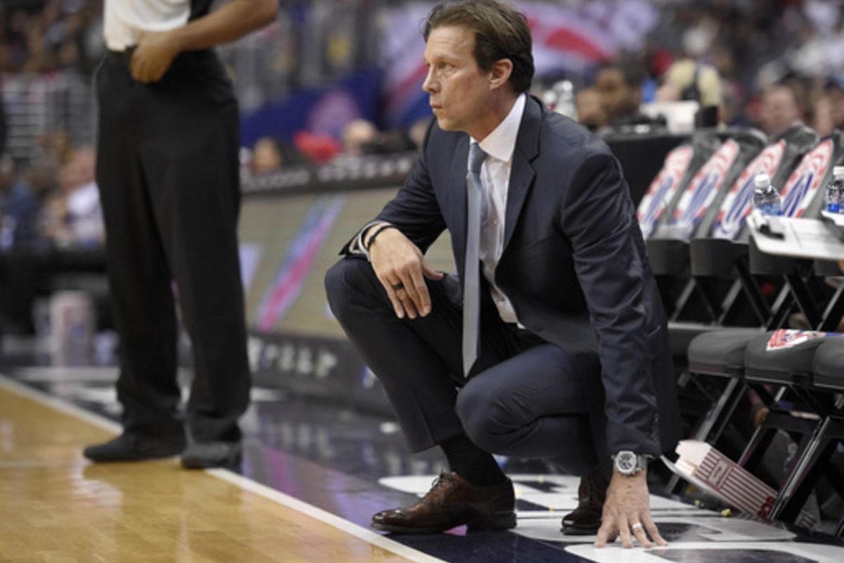 Utah Jazz head coach Quin Snyder looks on during the first half of an NBA basketball game against the Washington Wizards, Sunday, Feb. 26, 2017, in Washington. 
