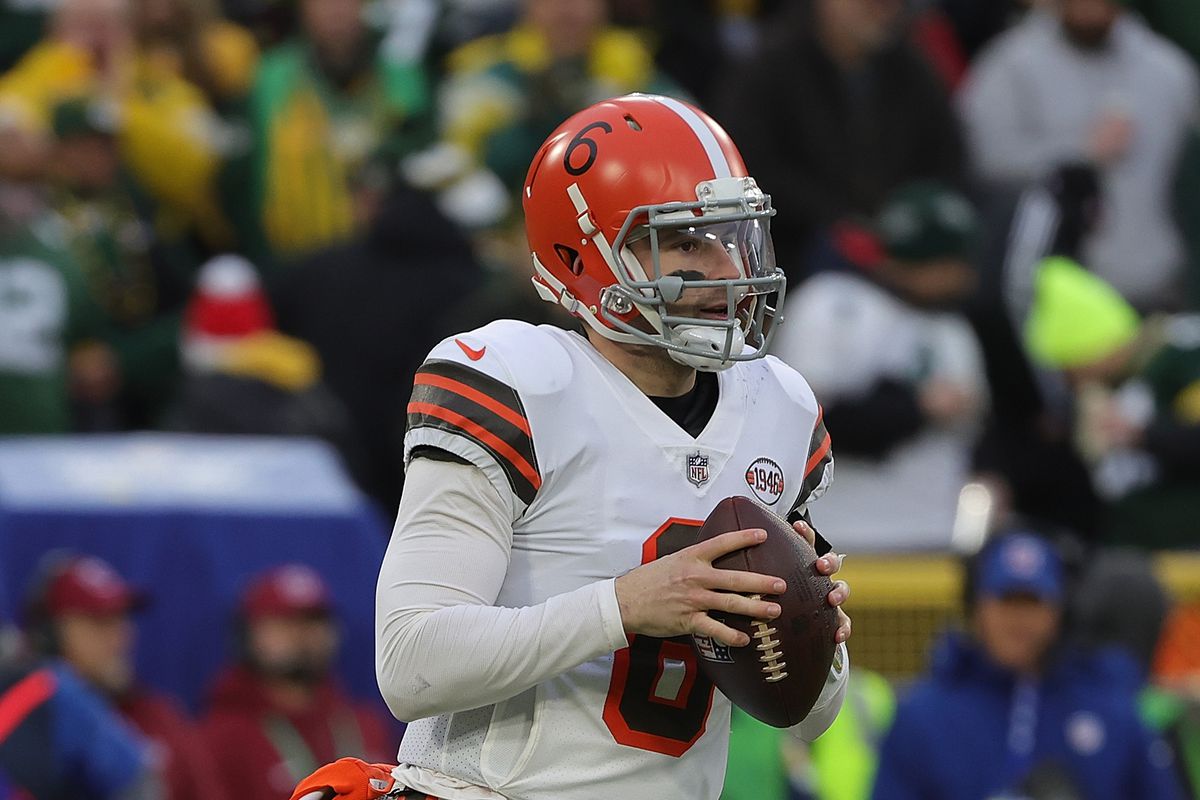 Baker Mayfield #6 of the Cleveland Browns looks to pass during a game against the Green Bay Packers at Lambeau Field on December 25, 2021 in Green Bay, Wisconsin. The Packers defeated the Browns 24-22.