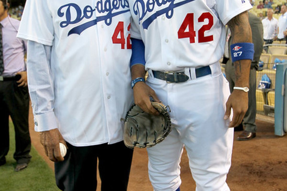 Don Newcombe and Matt Kemp before the game on Jackie Robinson Day (April 15, 2011) at Dodger Stadium.