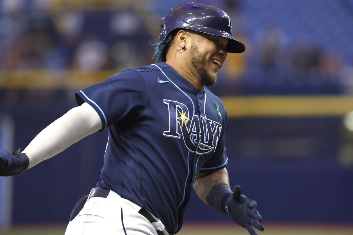 Tampa Bay Rays left fielder Harold Ramirez (43) hits a home run during the second inning against the Miami Marlins at Tropicana Field.