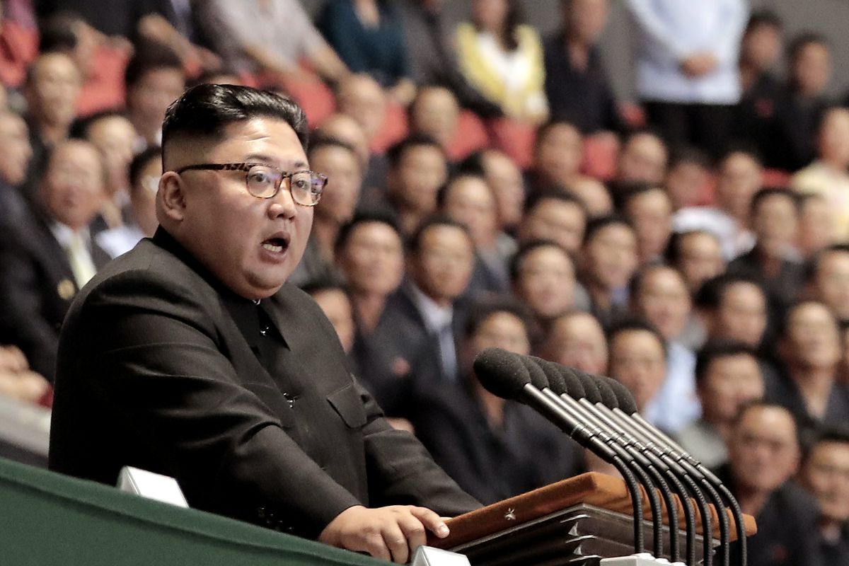 North Korean leader Kim Jong Un speaks after watching the gymnastic and artistic performance at the May Day Stadium on September 19, 2018 in Pyongyang, North Korea.