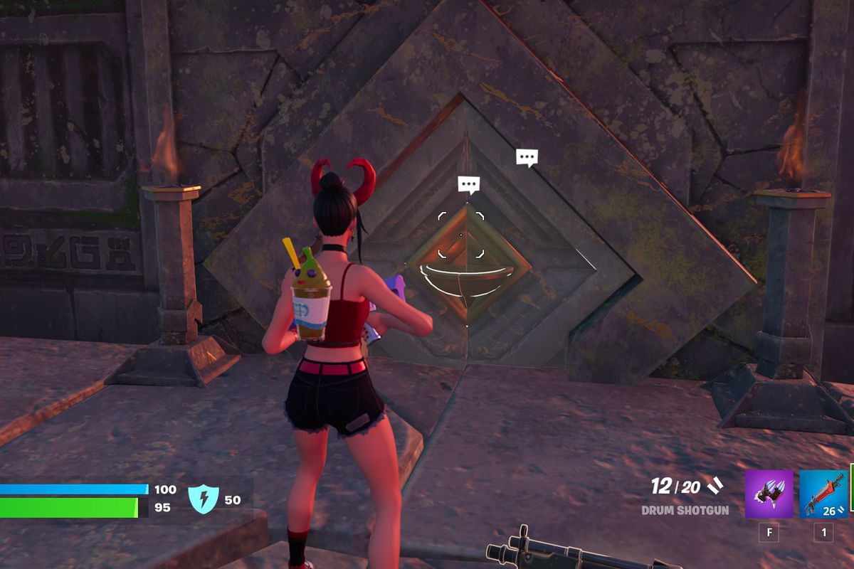 The Fortnitet Surf Witch stands in front of a locked diamond-shaped door.