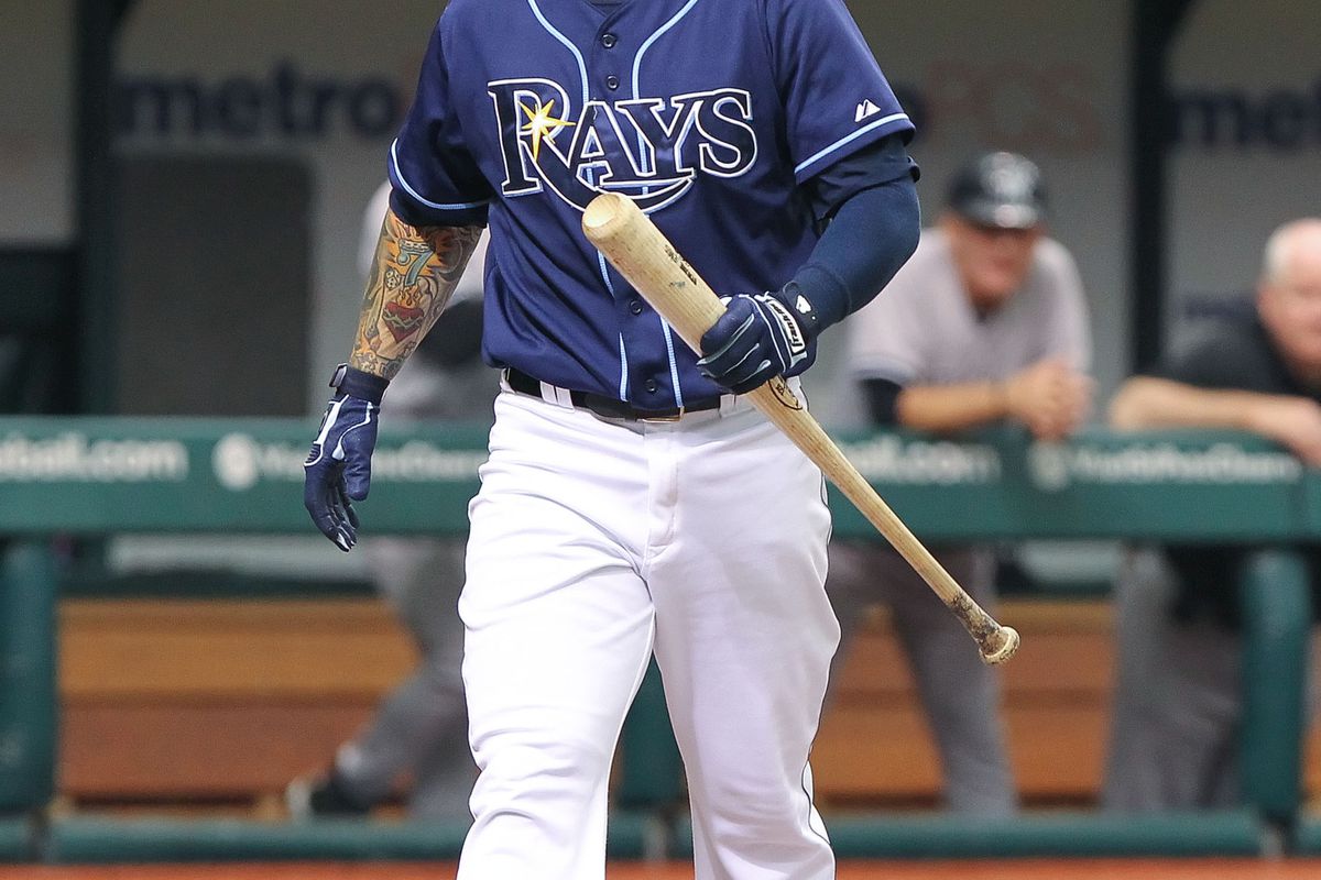 September 3, 2012; St. Petersburg, FL, USA; Tampa Bay Rays third baseman Ryan Roberts (19) reacts after he stuck out against the New York Yankees at Tropicana Field. Mandatory Credit: Kim Klement-US PRESSWIRE