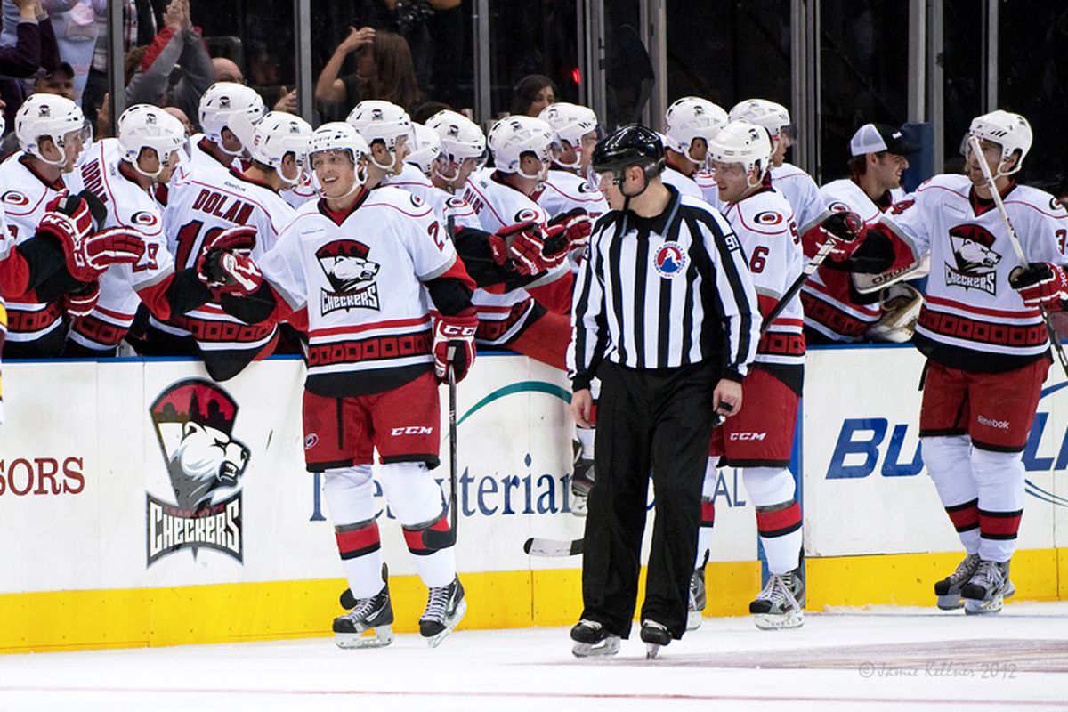 Charlotte Checkers forward Drayson Bowman scores the first goal in a 4-1 victory over the Chicago Wolves on November 4, 2012.