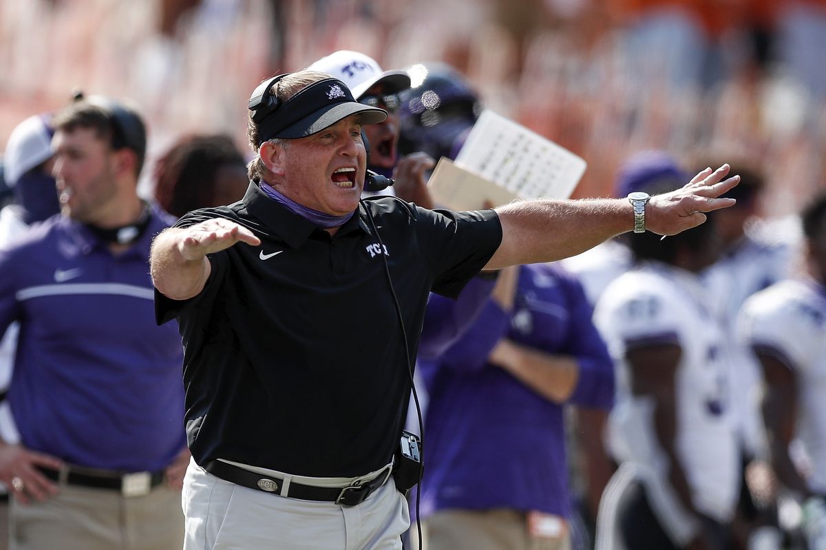 Head coach Gary Patterson of the TCU Horned Frogs reacts in the first half against the Texas Longhorns at Darrell K Royal-Texas Memorial Stadium on October 03, 2020 in Austin, Texas.
