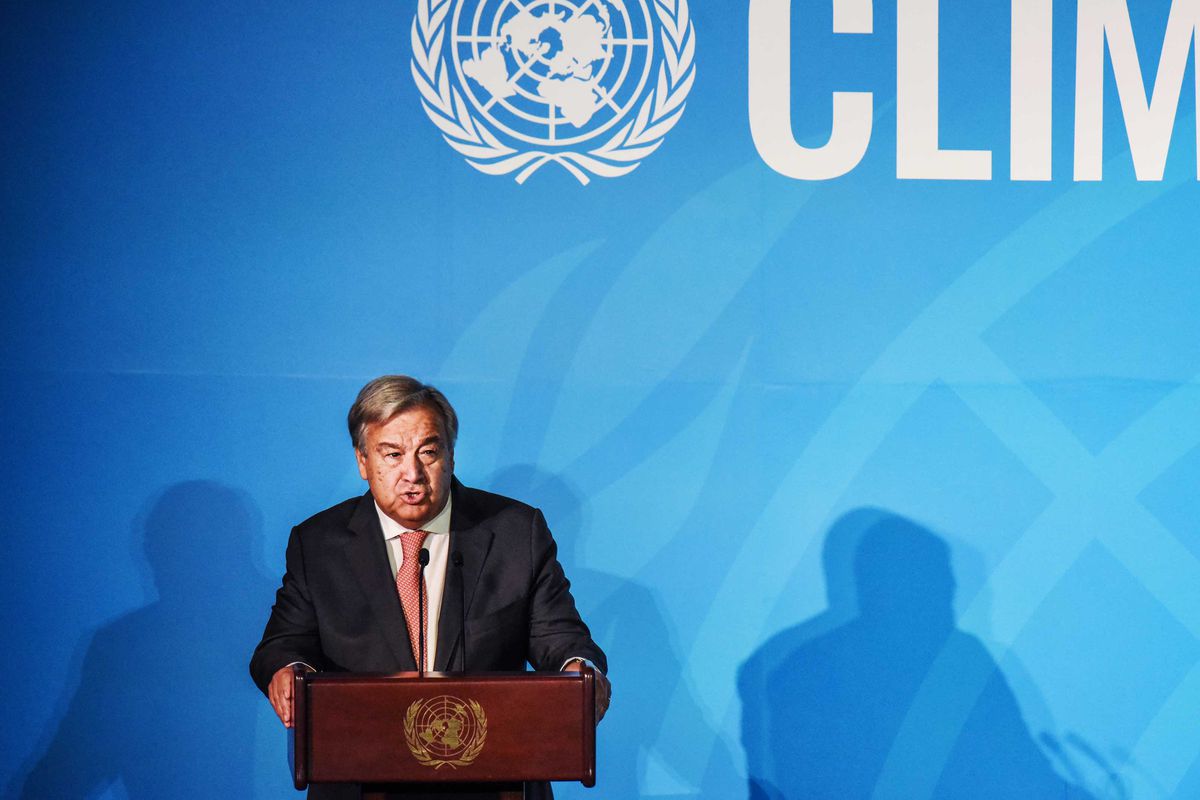 United Nations Secretary-General António Guterres speaking from behind the podium at the Climate Action Summit.