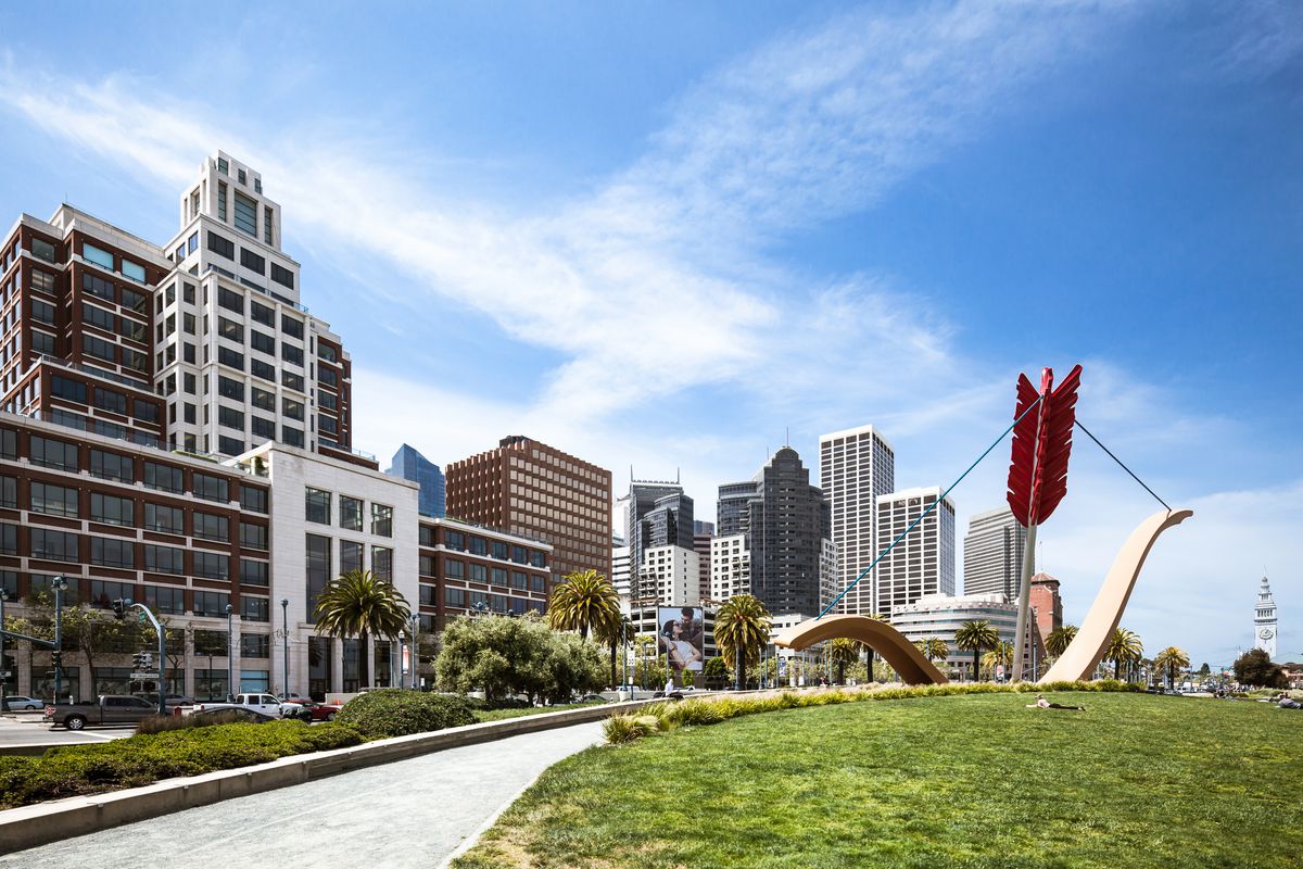 Cupid’s span, a public art installation of a gigantic bow and arrow on the San Francisco waterfront.