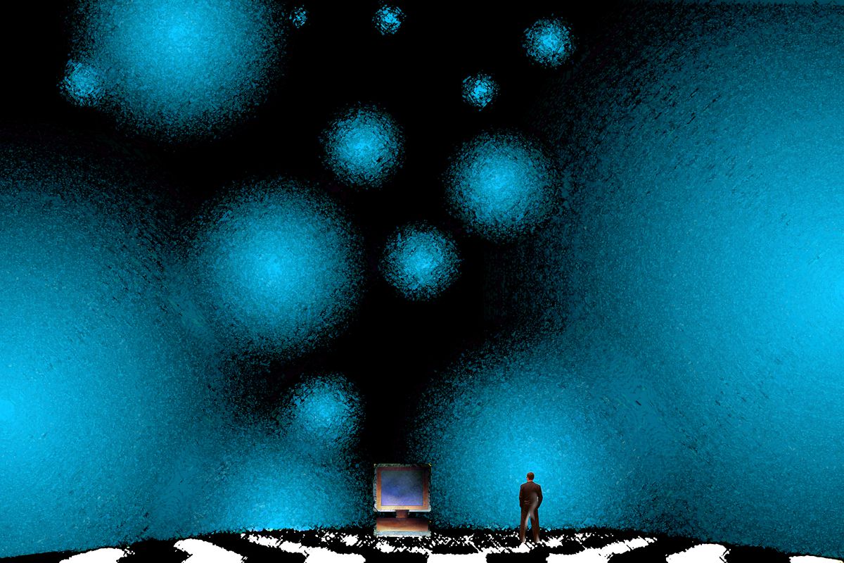 Turquoise blobs of various sizes against a dark background, with a small human figure in the bottom right. 