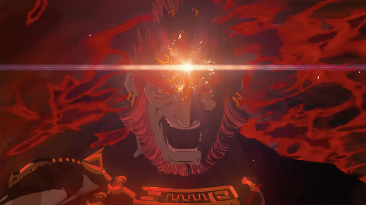 An image of Ganon in The Legend of Zelda: Tears of the Kingdom. His head is glowing gold with power and he’s surrounded by red miasma.