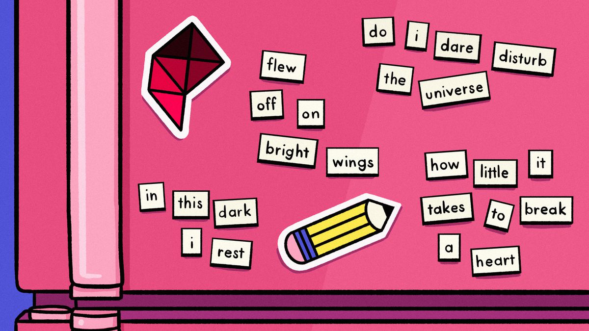 Illustration of a pink fridge with word magnets, a Polygon logo and a sticker of a pencil