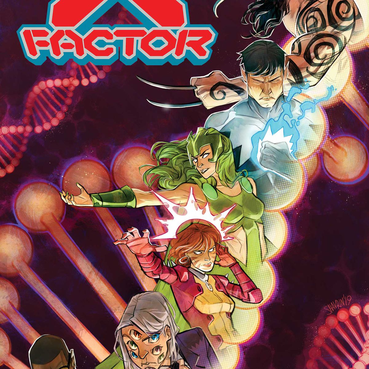 LtR, Prodigy, Eye-Boy, Rachel Grey/Prestige, Polaris, Northstar, and Daken on the cover of X-Factor #1, Marvel Comics (2020).