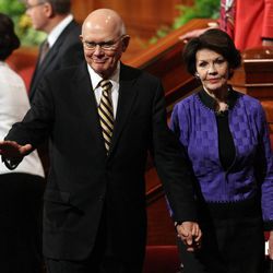 Elder Dallin H. Oaks and his wife Sister Kristen M. Oaks leave the morning session of the 183rd Annual General Conference of The Church of Jesus Christ of Latter-day Saints in the Conference Center in Salt Lake City on Sunday, April 7, 2013.