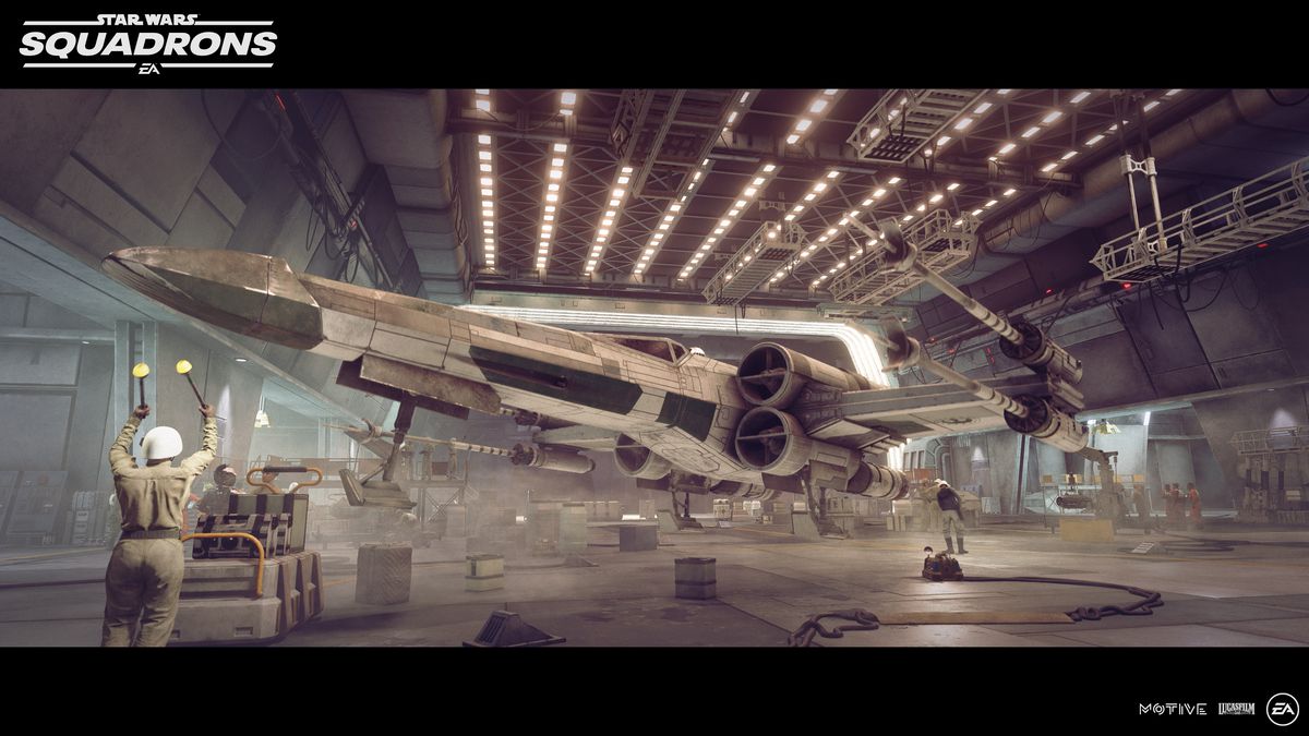 A T-65 X-Wing comes in for a landing inside a New Republic capital ship.