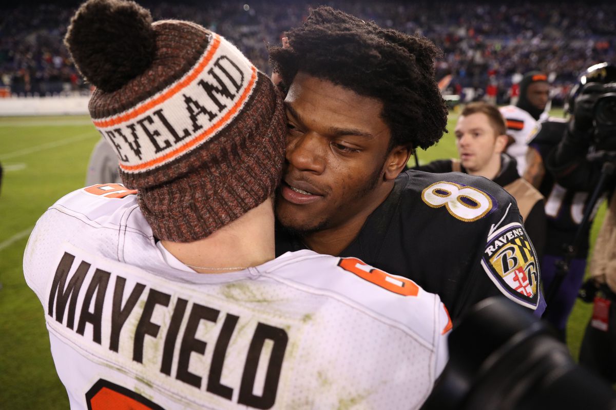 Quarterback Lamar Jackson of the Baltimore Ravens hugs quarterback Baker Mayfield of the Cleveland Browns after the Baltimore Ravens 26-24 win over Cleveland Browns at M&amp;T Bank Stadium on December 30, 2018 in Baltimore, Maryland.