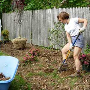 <p>Editorial operations director Carolyn Blackmar puts her (considerable) muscle into creating a new plant bed at TOH's 2006 Americares project house.</p>