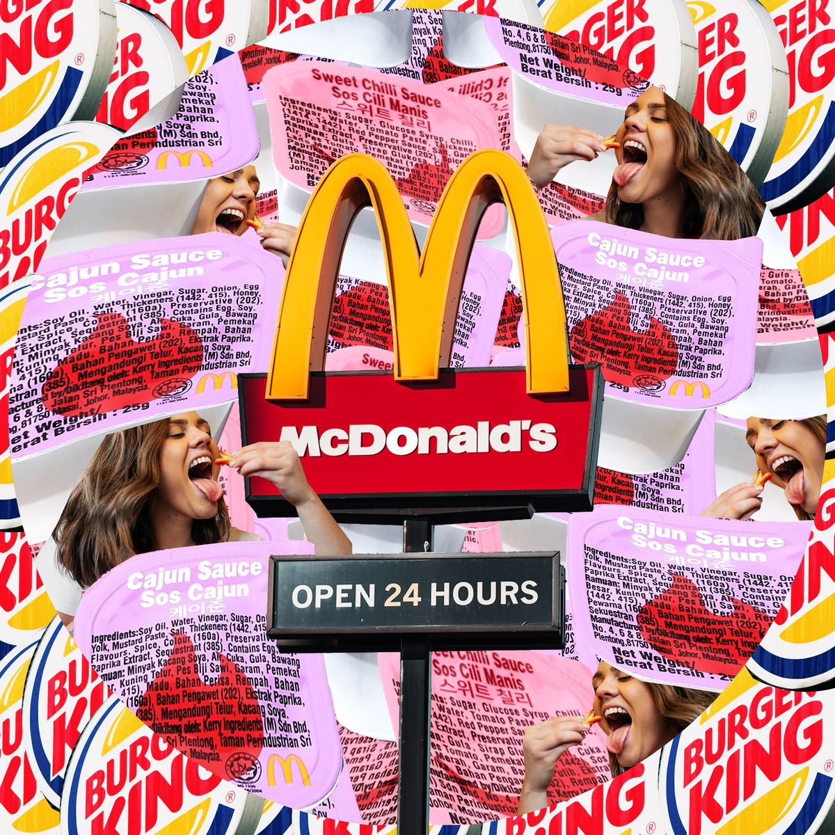 A kaleidoscopic collage centered around a McDonald’s road sign, pink packets of Cajun dipping sauce, a woman eating french fries, and the McDonald’s logo.