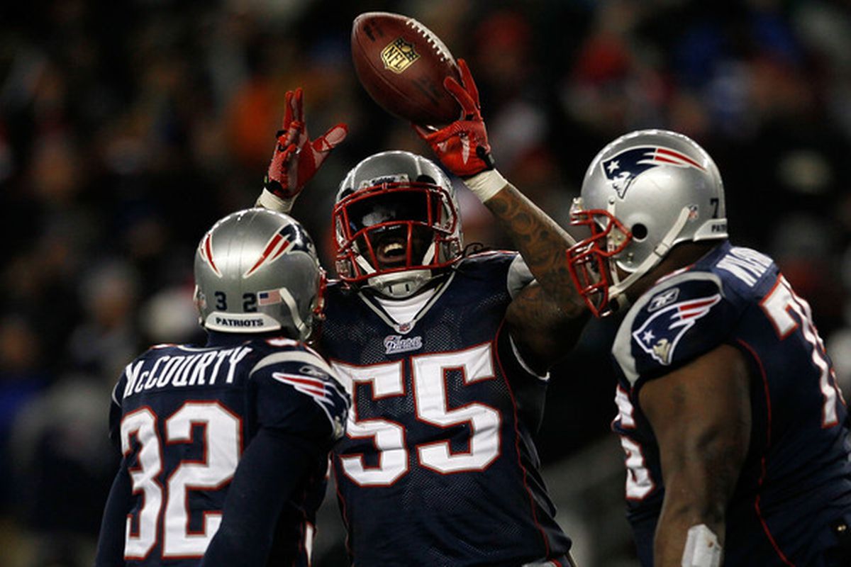 Spikes: "I got a pick!"  McCourty and Wilfork:  "Welcome to the club!"