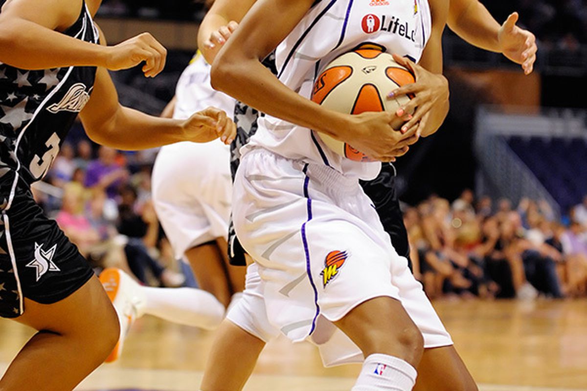 Phoenix Mercury's DeWanna Bonner is a leading candidate for Rookie of the Year based in large part on her rebounding and energy along with her ability to score points outside the set offense. <em>Photo by Max Simbron</em>