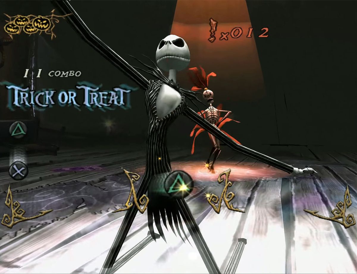 Jack Skellington dances in a minigame from The Nightmare Before Christmas: Oogie’s Revenge. An on-screen combo indicator reads “Trick or Treat”