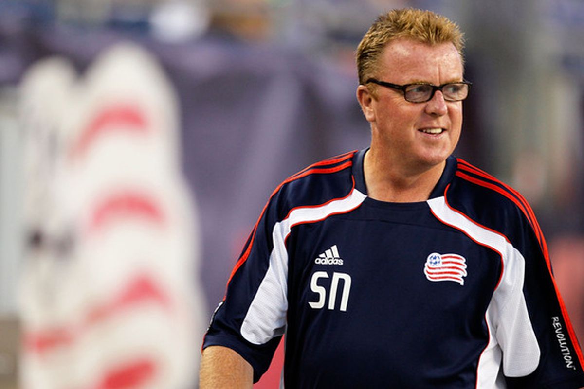 FOXBORO MA - SEPTEMBER 4:  Coach Steve Nicol of the New England Revolution watches the action before a game against the Seattle Sounders FC at Gillette Stadium on September 4 2010 in Foxboro Massachusetts. (Photo by Gail Oskin/Getty Images)
