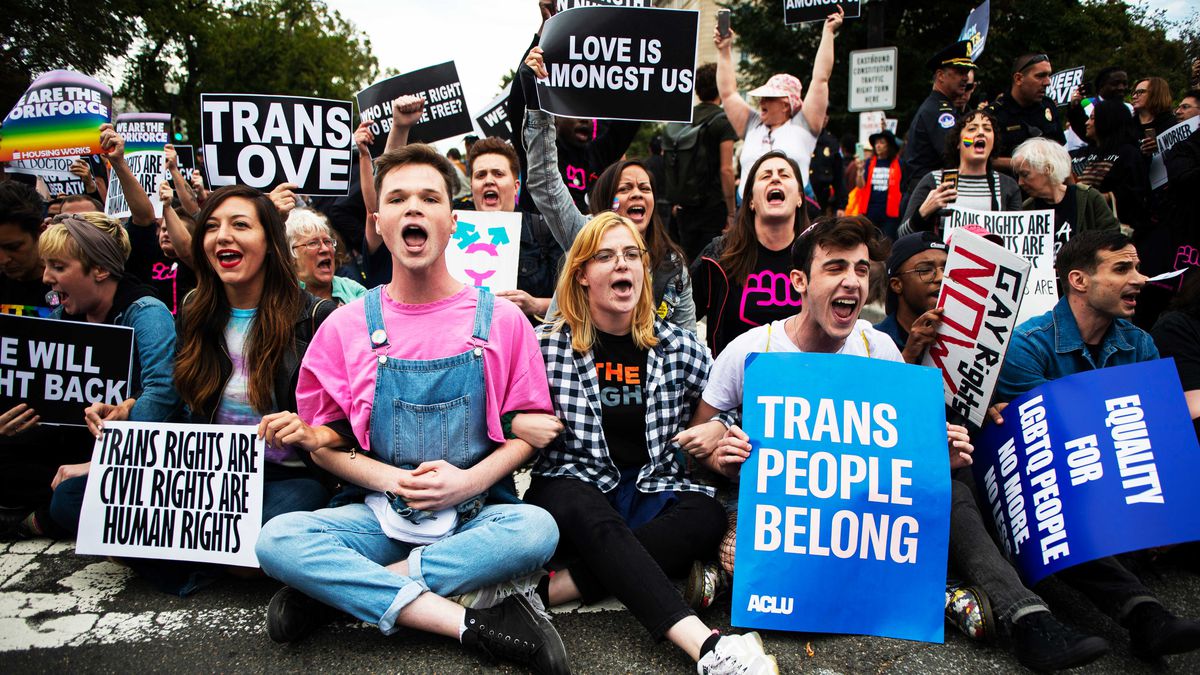 A group of protesters sit on the ground linking arms with signs that read “Trans Love” and “Trans People Belong.”