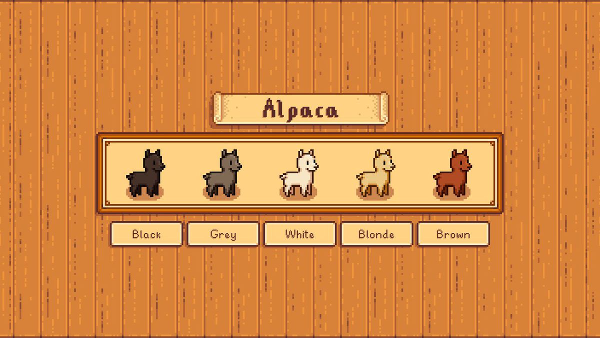 A series of alpaca sprites in the style of Stardew Valley. The options come from the New Barn Animals mod.
