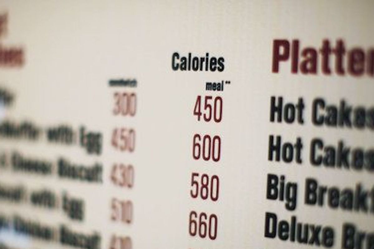 An example of a menu with calories listed alongside dishes.