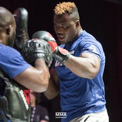 Francis Ngannou throws a punch at UFC 218 workouts.