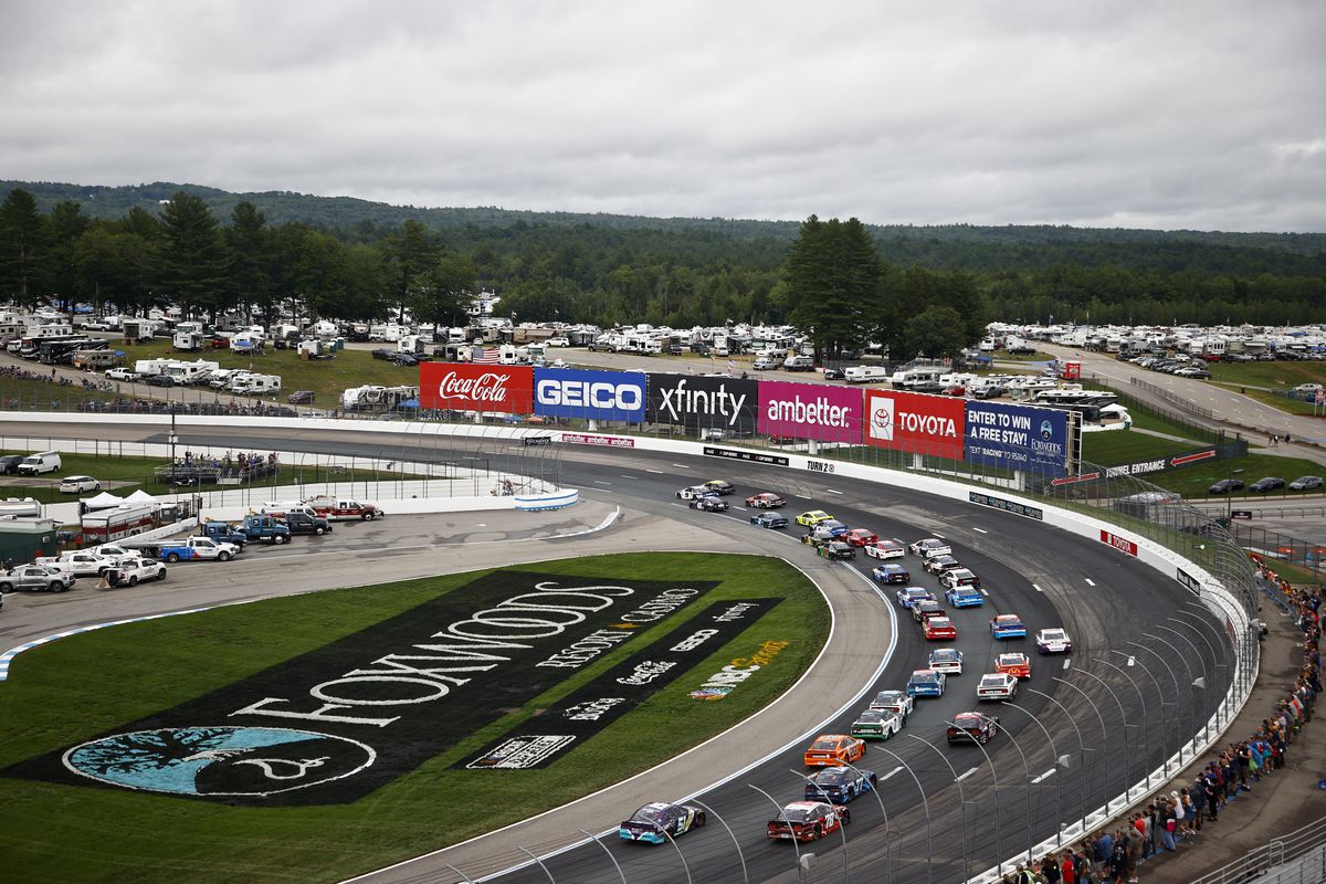 A general view of the restart after a rain delay during the NASCAR Cup Series Foxwoods Resort Casino 301 at New Hampshire Motor Speedway on July 18, 2021 in Loudon, New Hampshire.