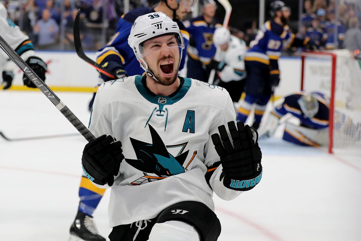 Logan Couture of the San Jose Sharks celebrates after scoring a goal on Jordan Binnington of the St. Louis Blues during the third period in Game 3 of the Western Conference Final during the 2019 NHL Stanley Cup Playoffs at Enterprise Center on May 15, 201