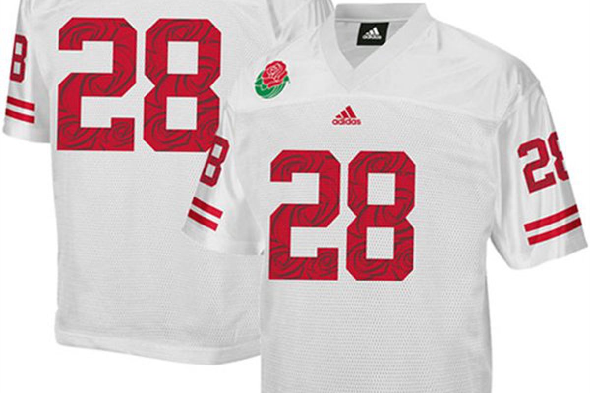 These may or may not be Wisconsin's Rose Bowl jerseys. They aren't much different, but if you look closely, they have a rose design in the numbers.