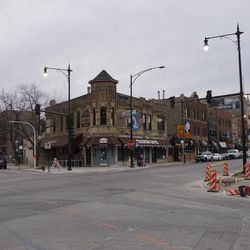 View looking northwest, of the new traffic lights being installed at Clark and Addison