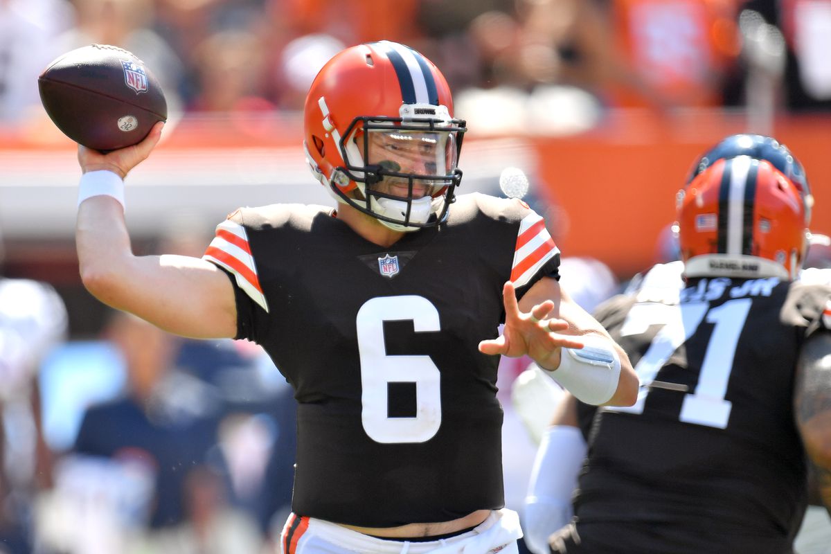 Quarterback Baker Mayfield #6 of the Cleveland Browns throws the ball during the first quarter in the game against the Houston Texans at FirstEnergy Stadium on September 19, 2021 in Cleveland, Ohio.