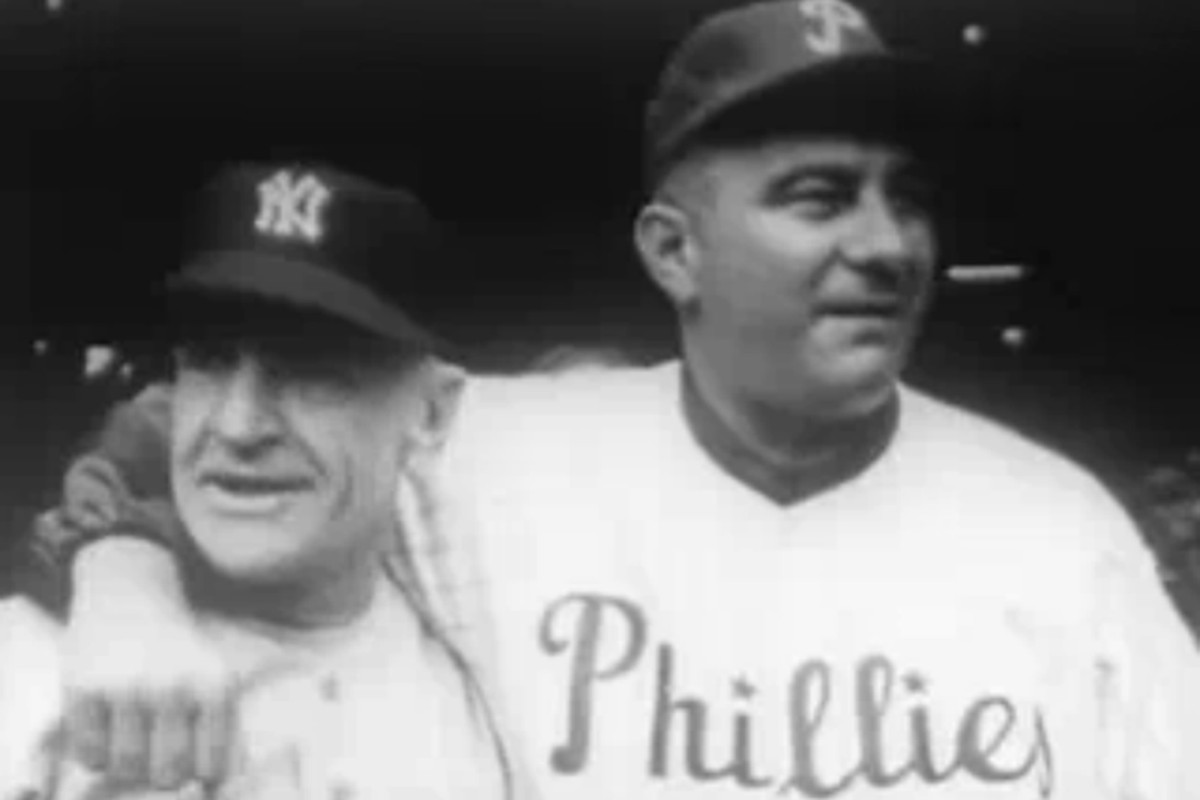 New York Yankees manager Casey Stengel with Philadelphia Phillies manager Eddie Sawyer prior to Game 1 of the 1950 World Series at Shibe Park. 