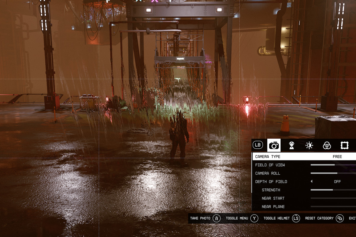 a screenshot from Starfield’s photo mode of a character standing in a block of rain