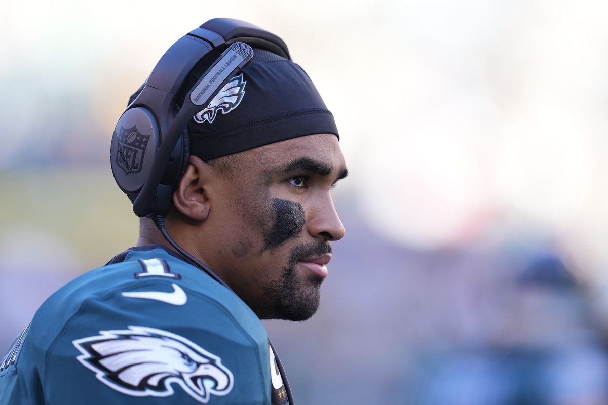 Jalen Hurts #1 of the Philadelphia Eagles looks on from the sidelines against the Pittsburgh Steelers at Lincoln Financial Field on October 30, 2022 in Philadelphia, Pennsylvania.