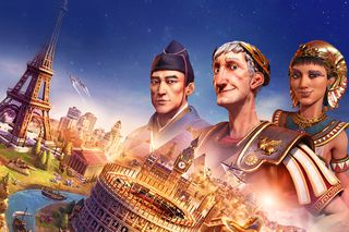 ציוויליזציה 6 אומנות כותרת המציגה את מגדל אייפל וקולוסיאום, עם דיוקנאות של מנהיגי העולם המפורסם מעל