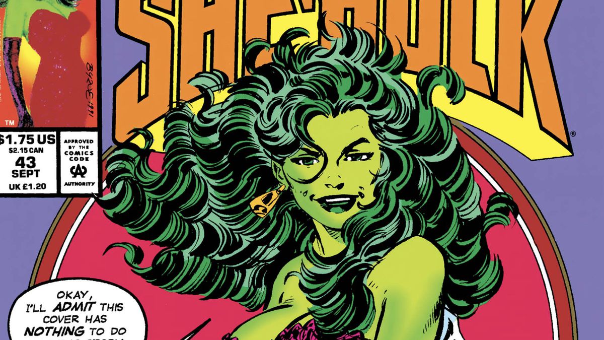 She-Hulk pulls open her button down to reveal her lacy bra on the cover of The Sensational She-Hulk #43 (1992). “Okay, I’ll admit this cover has nothing to do with the story this month... but I’ve got to do something to sell this book!” she says, grinning.
