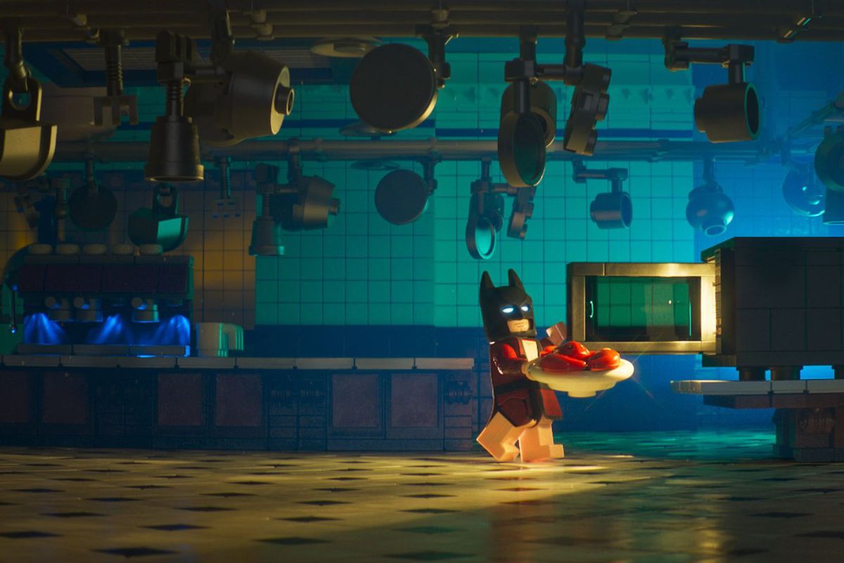 Lego Batman microwaves his solo lobster thermidor dinner.