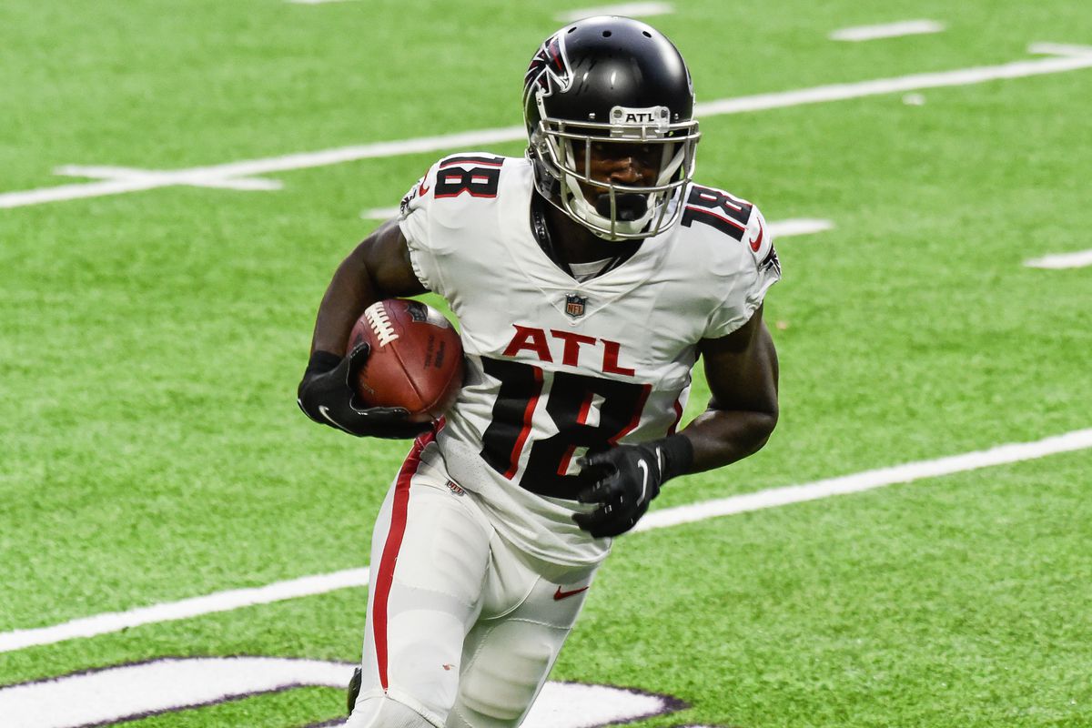 Atlanta Falcons wide receiver Calvin Ridley (18) completes a touchdown reception on a pass from quarterback Matt Ryan (not pictured) against the Minnesota Vikings during the second quarter at U.S. Bank Stadium.