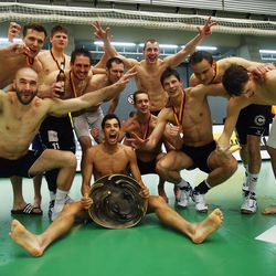  Players of Berlin celebrate after winning the DVL Volleyball Playoff Finals between VfB Friedrichshafen and Berlin Recycling Volleys in Friedrichshafen, Germany.